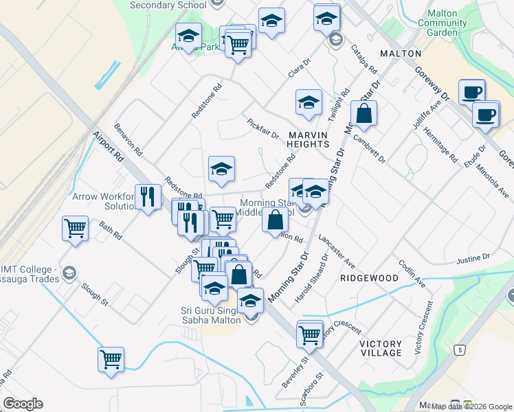 map of restaurants, bars, coffee shops, grocery stores, and more near 7397 Manion Road in Mississauga