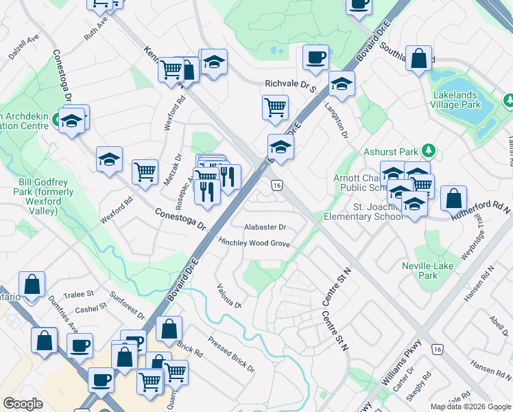 map of restaurants, bars, coffee shops, grocery stores, and more near 74 Wildercroft Avenue in Brampton