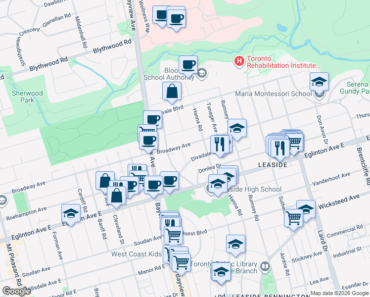 map of restaurants, bars, coffee shops, grocery stores, and more near 425 Broadway Avenue in Toronto