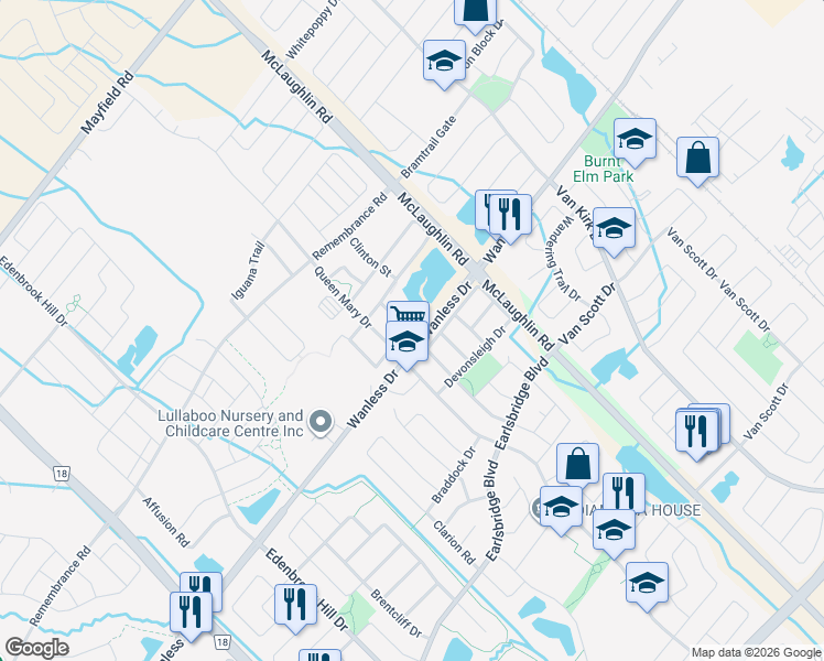 map of restaurants, bars, coffee shops, grocery stores, and more near 20 Edsel Road in Brampton