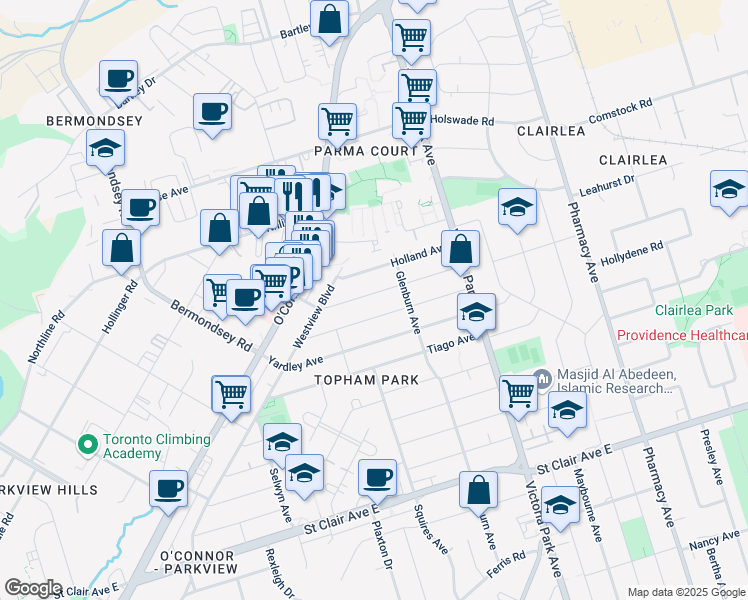 map of restaurants, bars, coffee shops, grocery stores, and more near 43 Amsterdam Avenue in Toronto