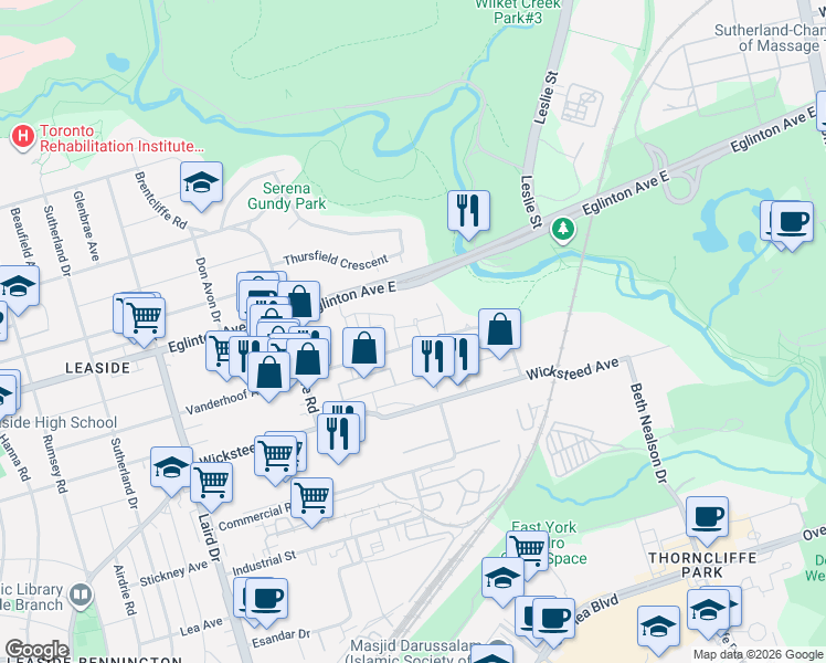 map of restaurants, bars, coffee shops, grocery stores, and more near 10 Brian Peck Crescent in Toronto