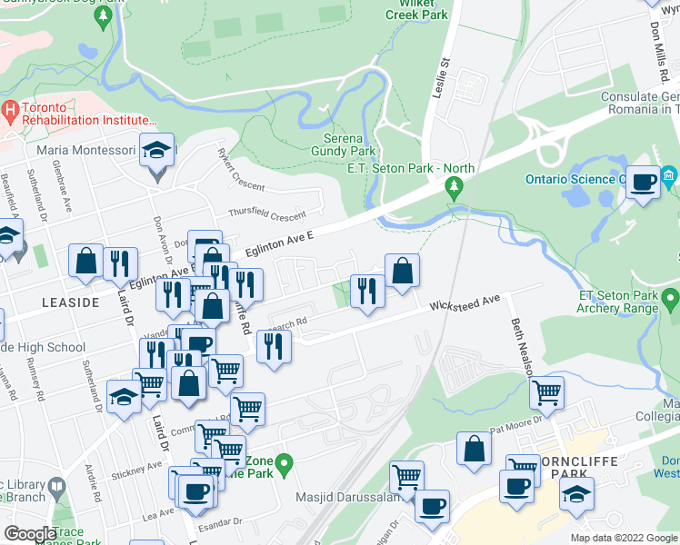 map of restaurants, bars, coffee shops, grocery stores, and more near 5 Brian Peck Crescent in Toronto