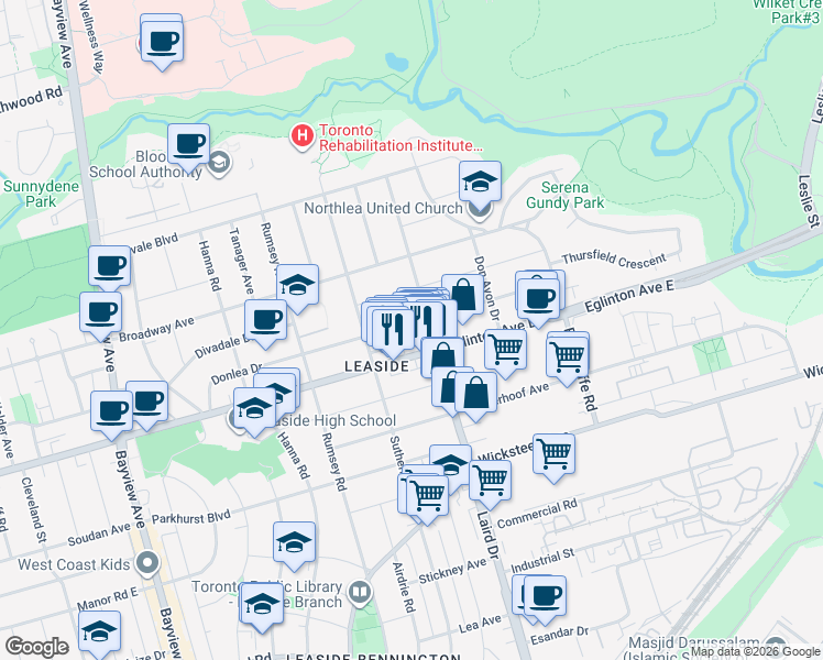 map of restaurants, bars, coffee shops, grocery stores, and more near 177 Donlea Drive in Toronto
