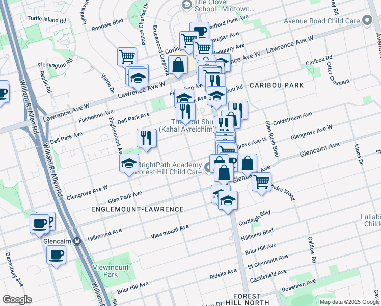 map of restaurants, bars, coffee shops, grocery stores, and more near Glenmount Avenue in Toronto