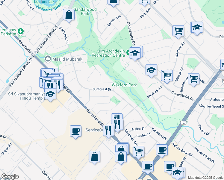 map of restaurants, bars, coffee shops, grocery stores, and more near Sunforest Drive in Brampton
