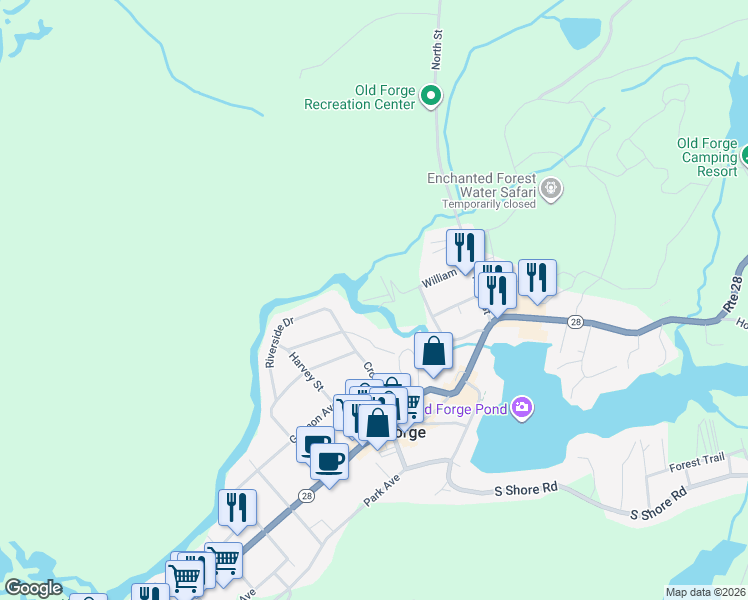 map of restaurants, bars, coffee shops, grocery stores, and more near 151 William Street in Old Forge