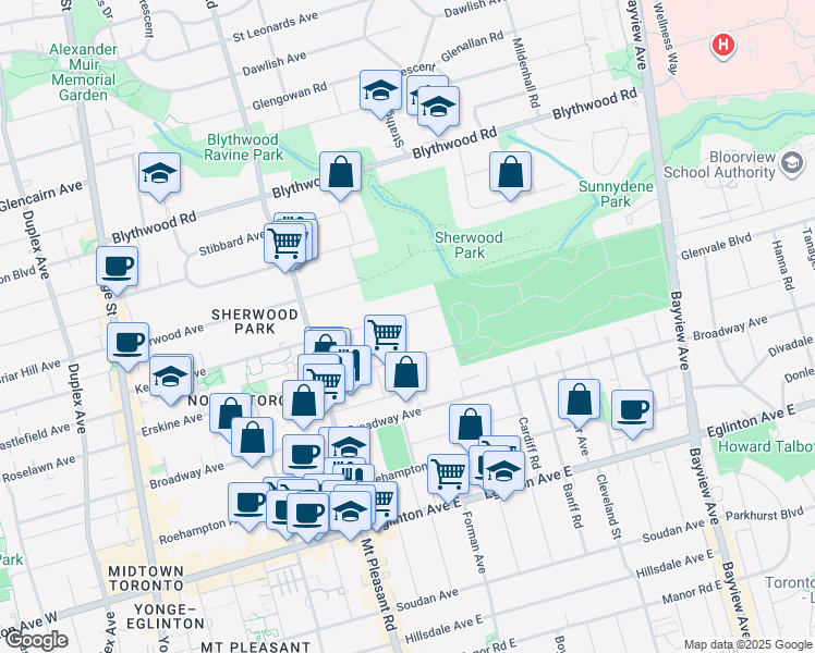 map of restaurants, bars, coffee shops, grocery stores, and more near 356 Keewatin Avenue in Toronto