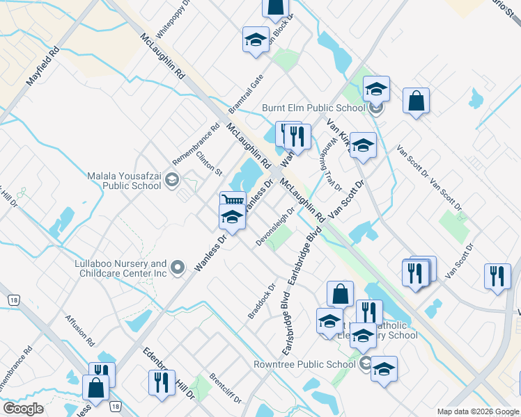 map of restaurants, bars, coffee shops, grocery stores, and more near 27 Percy Gate in Brampton