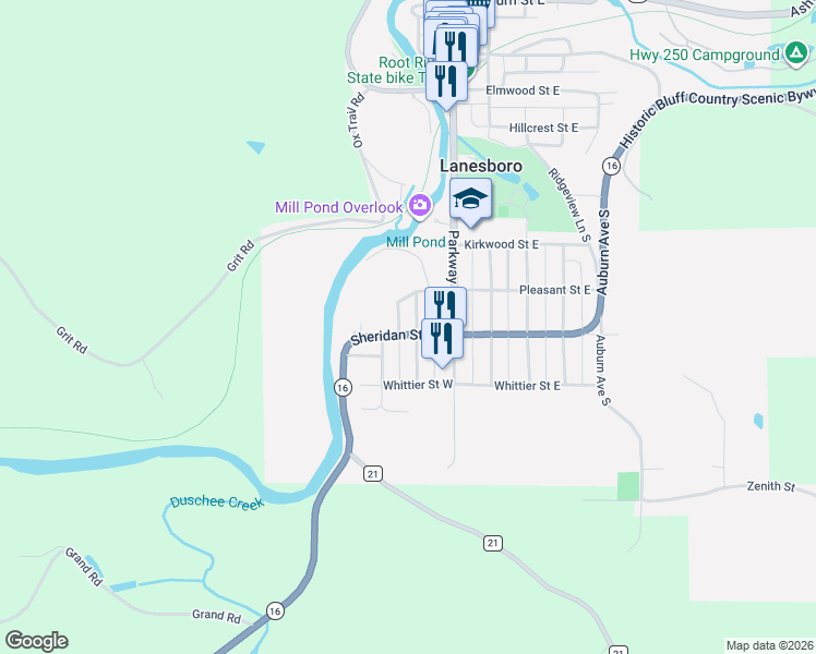 map of restaurants, bars, coffee shops, grocery stores, and more near 605 Rochelle Avenue South in Lanesboro