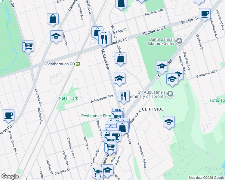 map of restaurants, bars, coffee shops, grocery stores, and more near 462 Midland Avenue in Toronto