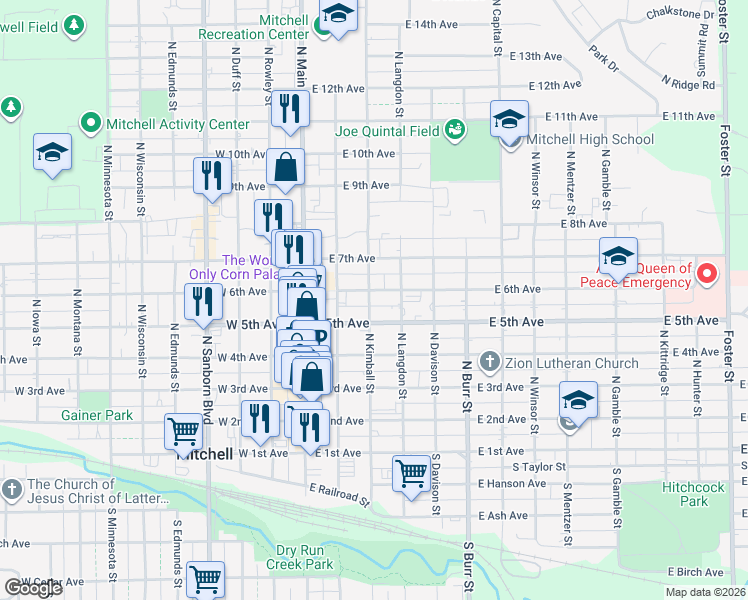 map of restaurants, bars, coffee shops, grocery stores, and more near 301-399 E 6th Ave in Mitchell