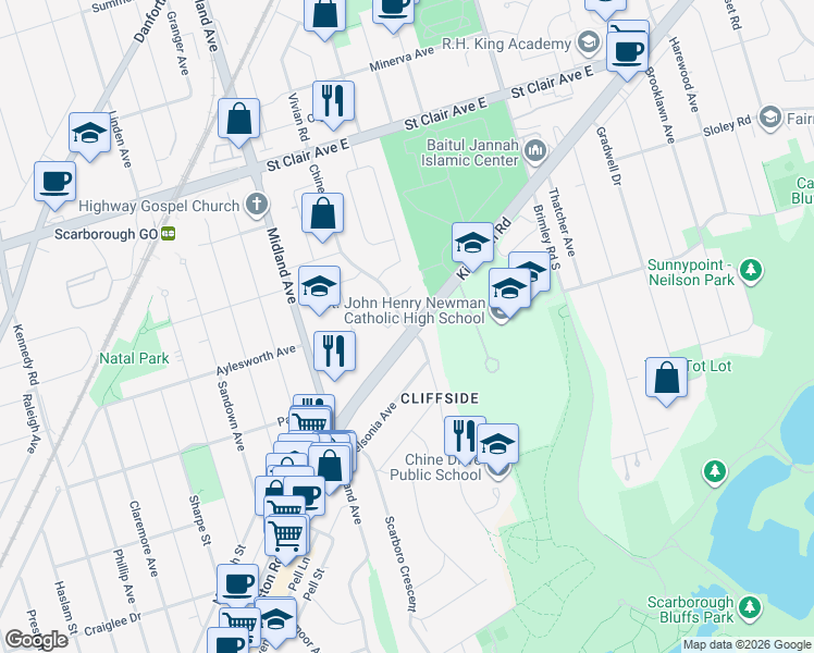 map of restaurants, bars, coffee shops, grocery stores, and more near Chine Drive in Toronto
