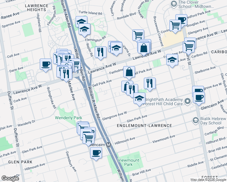 map of restaurants, bars, coffee shops, grocery stores, and more near 21 Meadowbrook Road in Toronto