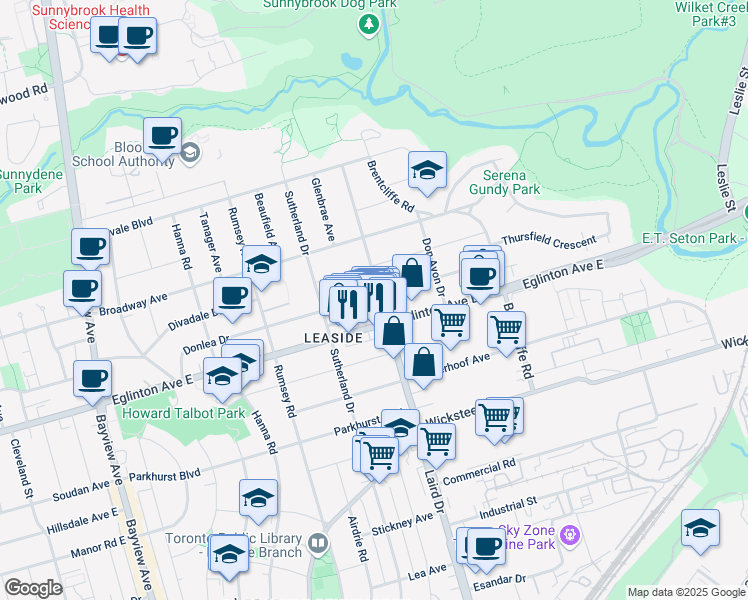 map of restaurants, bars, coffee shops, grocery stores, and more near 282 Laird Drive in Toronto