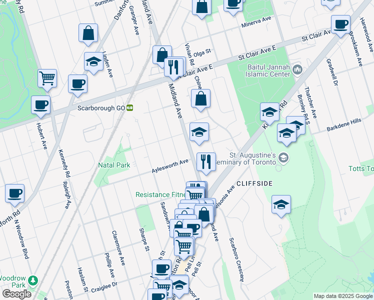 map of restaurants, bars, coffee shops, grocery stores, and more near in Toronto