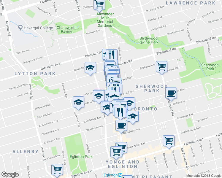 map of restaurants, bars, coffee shops, grocery stores, and more near in Toronto
