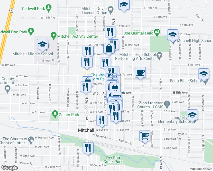 map of restaurants, bars, coffee shops, grocery stores, and more near 121 West 6th Avenue in Mitchell