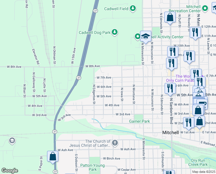 map of restaurants, bars, coffee shops, grocery stores, and more near 1000 West 6th Avenue in Mitchell