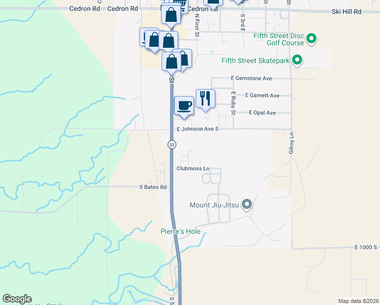 map of restaurants, bars, coffee shops, grocery stores, and more near 605 Centennial Mountain Street in Driggs