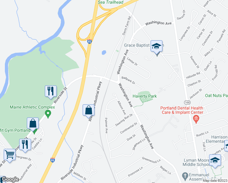 map of restaurants, bars, coffee shops, grocery stores, and more near 83 Allison Avenue in Portland