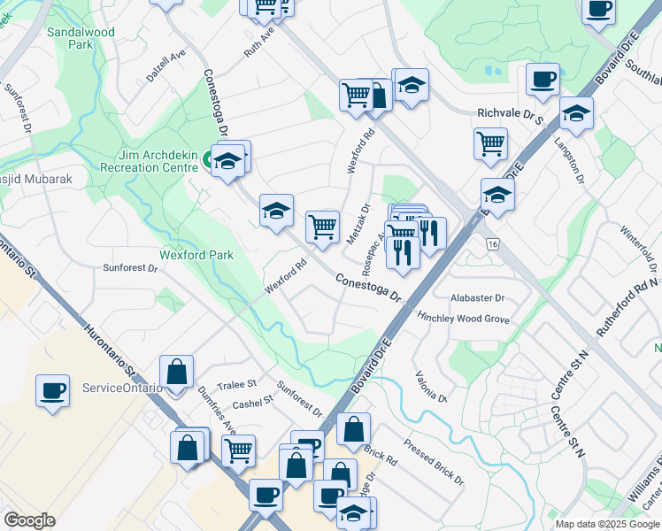 map of restaurants, bars, coffee shops, grocery stores, and more near 319 Conestoga Drive in Brampton