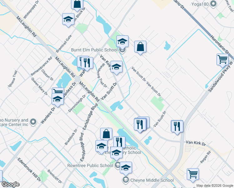 map of restaurants, bars, coffee shops, grocery stores, and more near 12 Brambirch Crescent in Brampton