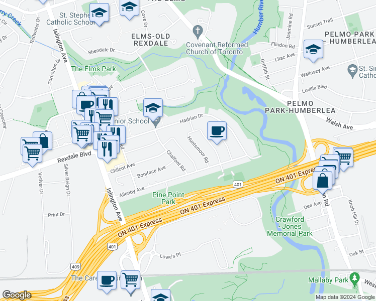map of restaurants, bars, coffee shops, grocery stores, and more near 19 Hatfield Crescent in Toronto