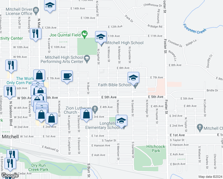 map of restaurants, bars, coffee shops, grocery stores, and more near 807 East 6th Avenue in Mitchell