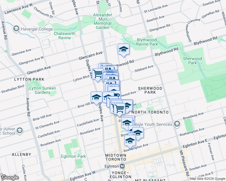 map of restaurants, bars, coffee shops, grocery stores, and more near 2579 Yonge Street in Toronto