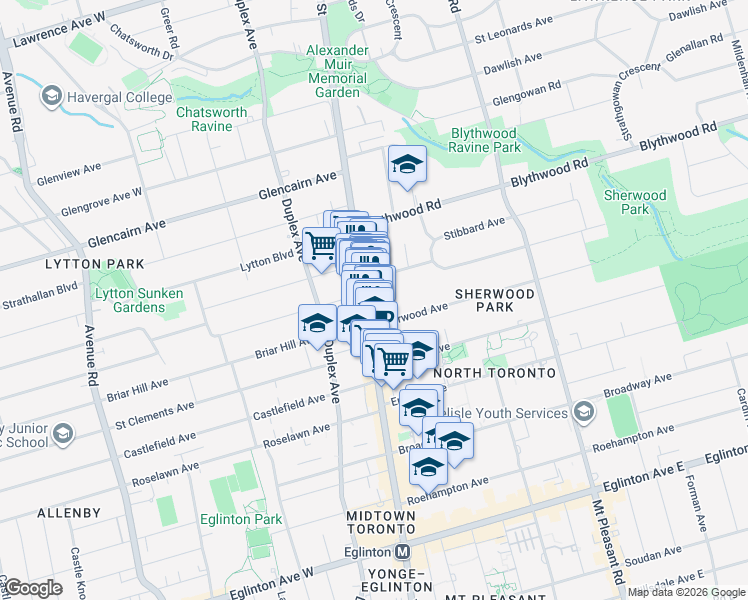 map of restaurants, bars, coffee shops, grocery stores, and more near 2583 Yonge Street in Toronto