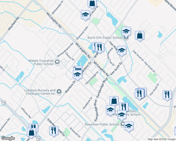 map of restaurants, bars, coffee shops, grocery stores, and more near 27 Percy Gate in Brampton