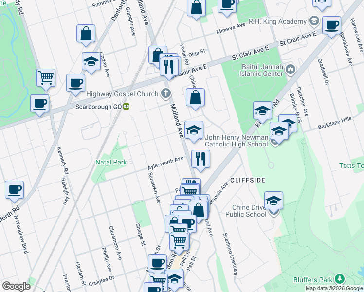 map of restaurants, bars, coffee shops, grocery stores, and more near 468 Midland Avenue in Toronto