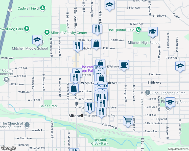 map of restaurants, bars, coffee shops, grocery stores, and more near 121 West 6th Avenue in Mitchell