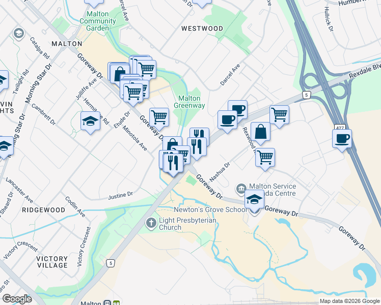 map of restaurants, bars, coffee shops, grocery stores, and more near in Mississauga