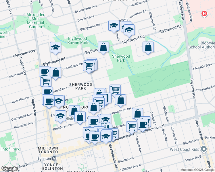 map of restaurants, bars, coffee shops, grocery stores, and more near 304 Keewatin Avenue in Toronto