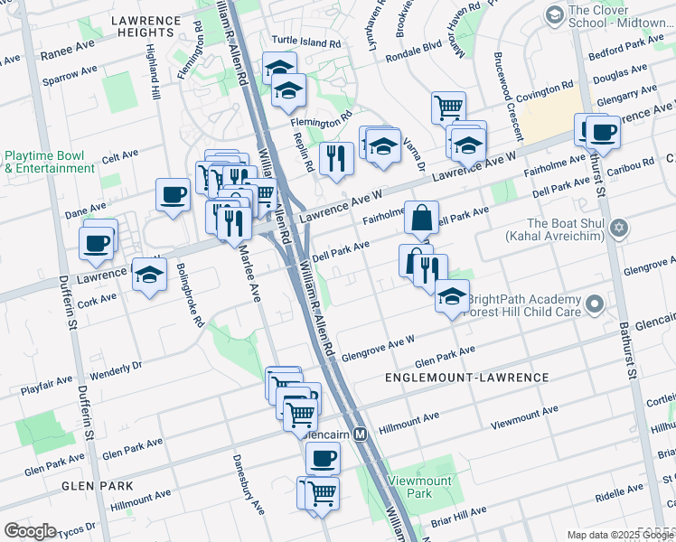 map of restaurants, bars, coffee shops, grocery stores, and more near in Toronto