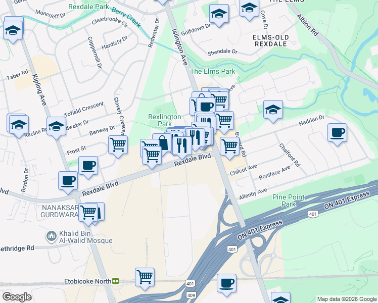 map of restaurants, bars, coffee shops, grocery stores, and more near in Toronto