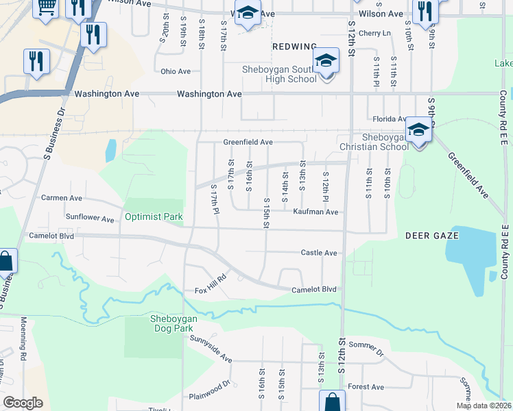 map of restaurants, bars, coffee shops, grocery stores, and more near 3829 South 16th Street in Sheboygan