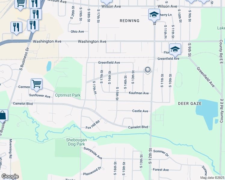 map of restaurants, bars, coffee shops, grocery stores, and more near 3829 South 16th Street in Sheboygan