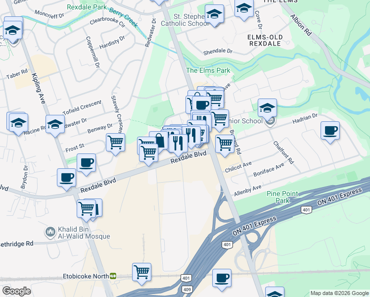 map of restaurants, bars, coffee shops, grocery stores, and more near 16 Rexdale Boulevard in Toronto