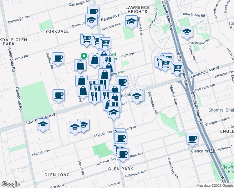 map of restaurants, bars, coffee shops, grocery stores, and more near 812 Lawrence Avenue West in Toronto