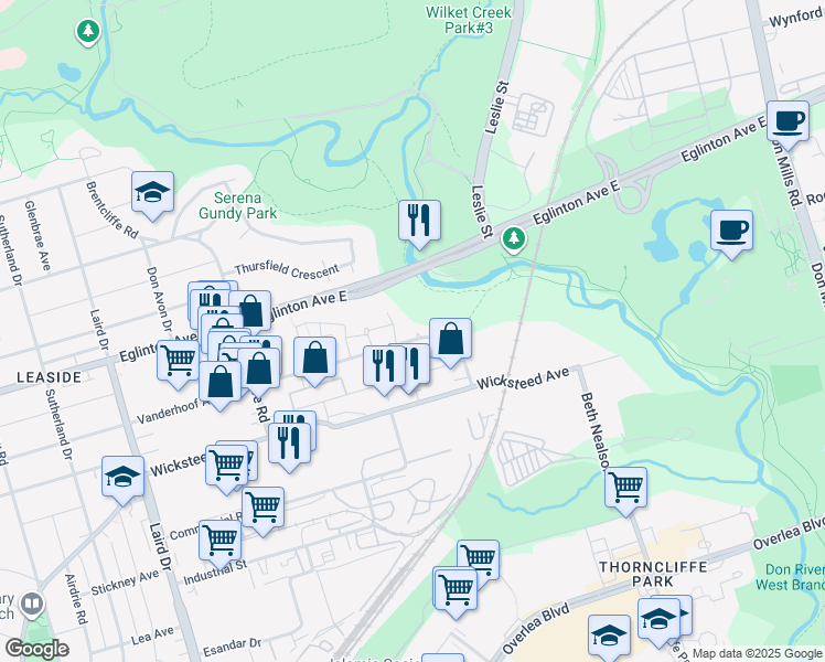 map of restaurants, bars, coffee shops, grocery stores, and more near 160 Vanderhoof Avenue in Toronto