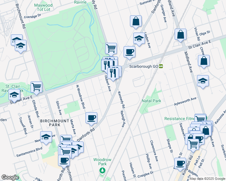 map of restaurants, bars, coffee shops, grocery stores, and more near 614 Danforth Road in Toronto