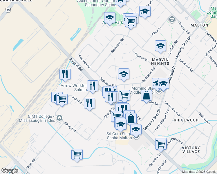 map of restaurants, bars, coffee shops, grocery stores, and more near in Mississauga
