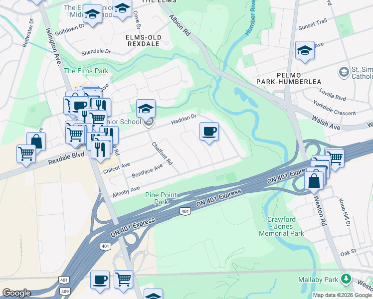 map of restaurants, bars, coffee shops, grocery stores, and more near 18 Huntsmoor Road in Toronto