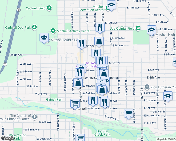 map of restaurants, bars, coffee shops, grocery stores, and more near 298 W 6th Ave in Mitchell