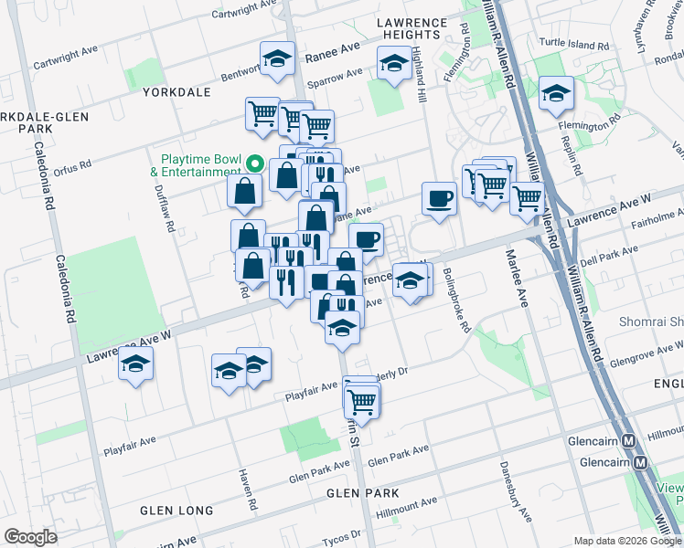 map of restaurants, bars, coffee shops, grocery stores, and more near in Toronto