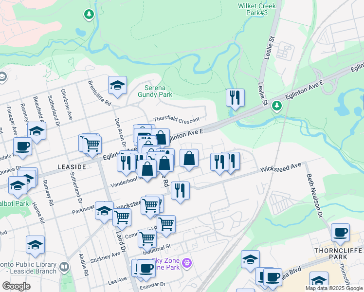 map of restaurants, bars, coffee shops, grocery stores, and more near 43 Aerodrome Crescent in Toronto