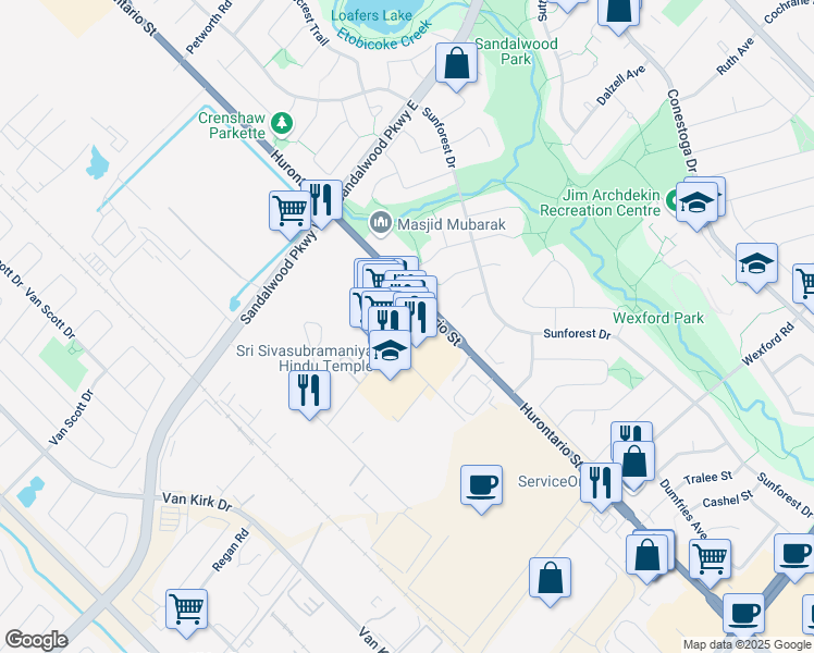 map of restaurants, bars, coffee shops, grocery stores, and more near 1 Fisherman Drive in Brampton
